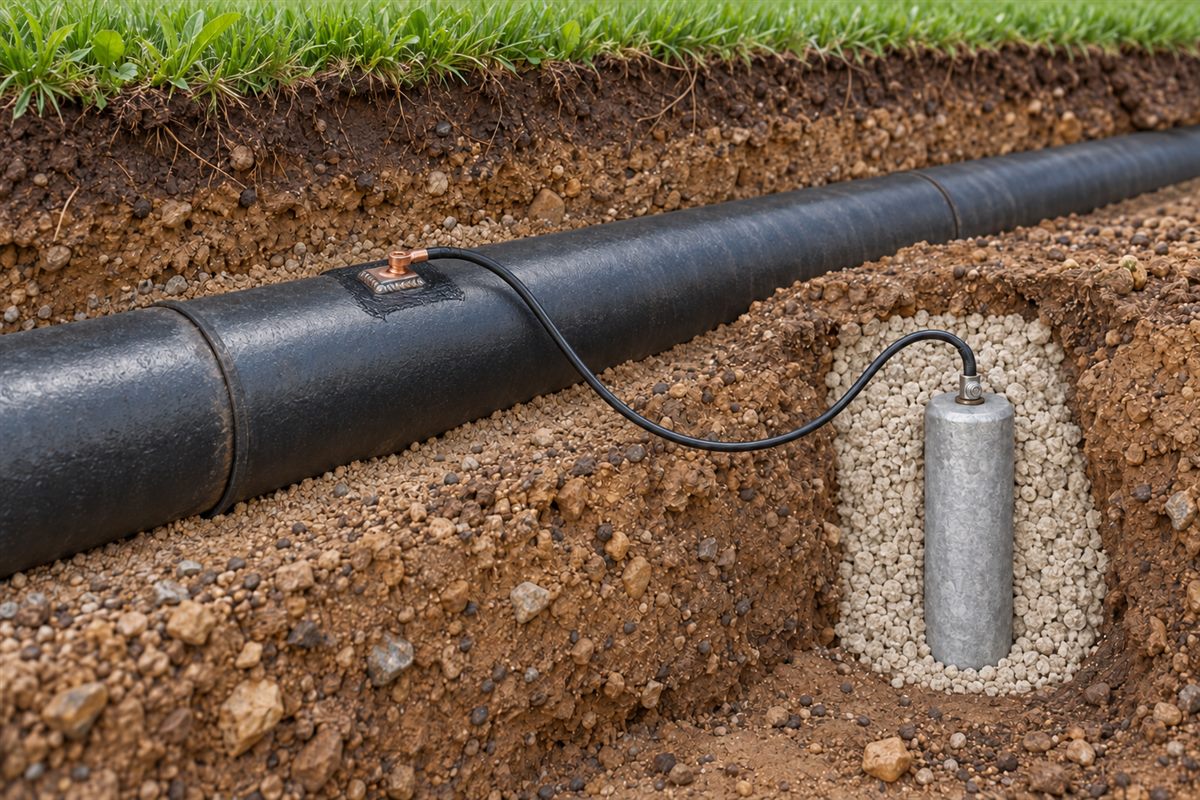 Illustration of a coated steel pipeline connected to a buried sacrificial anode for cathodic protection