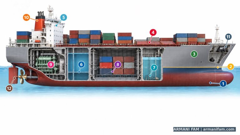 Numbered ship cutaway showing twelve marine coating areas, including the underwater hull, decks and tanks