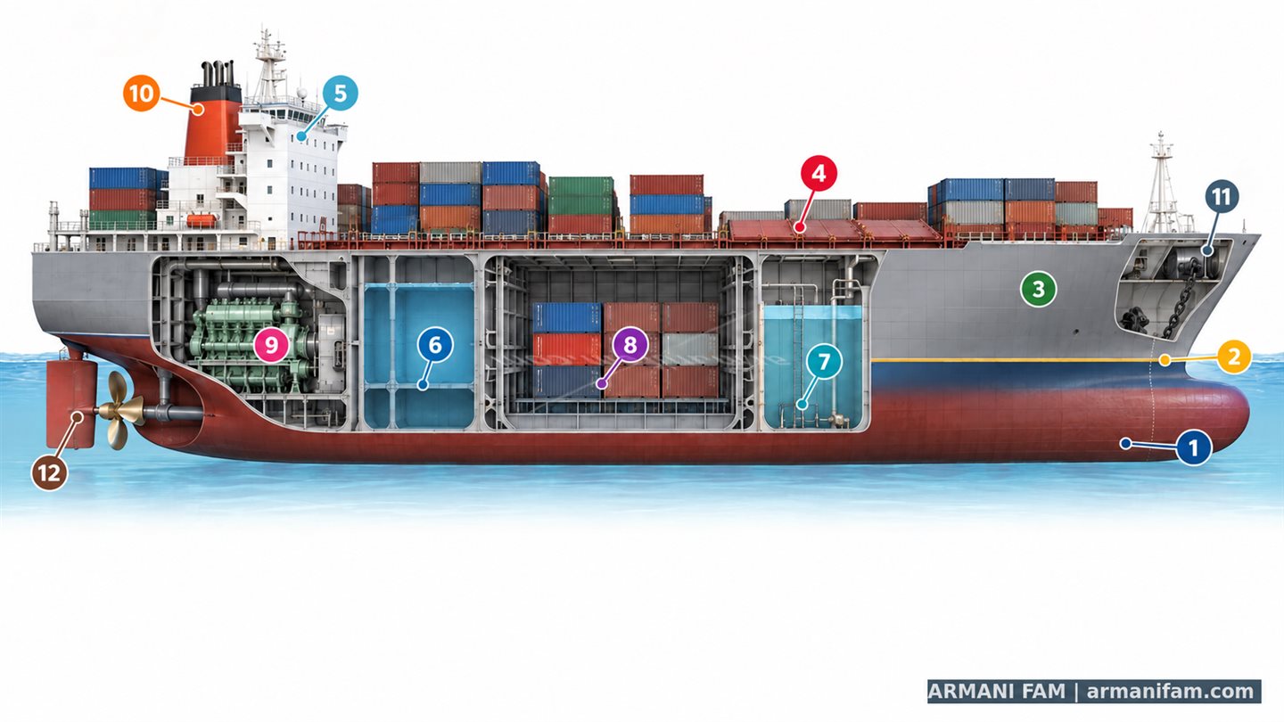 Numbered ship cutaway showing twelve marine coating areas, including the underwater hull, decks and tanks