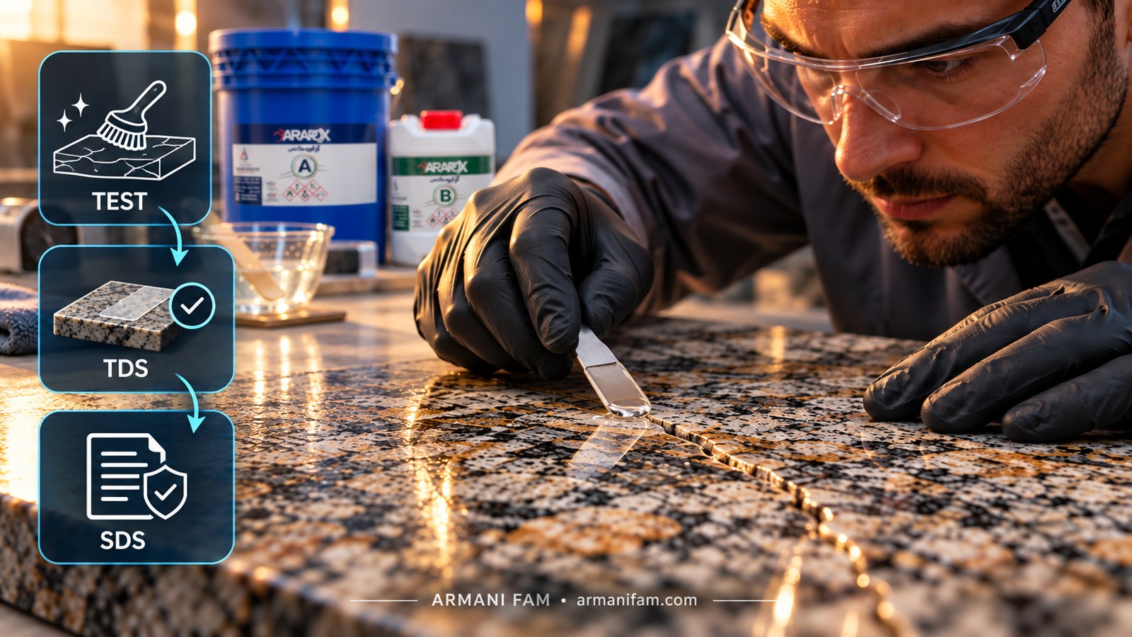 ترمیم ترک گرانیت با اپوکسی و آیکونهای آمادهسازی، نمونهسازی و اسناد ایمنی